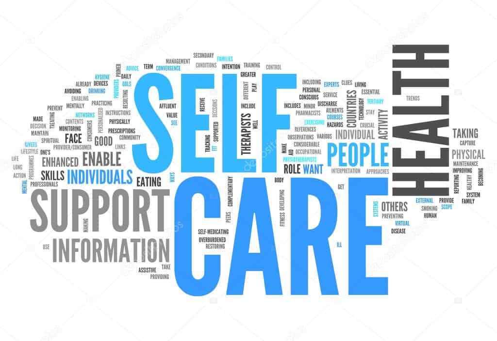 Word cloud highlighting self-care practices for mental, physical, and emotional well-being.