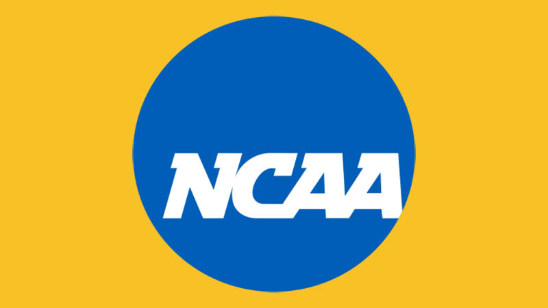NCAA logo featuring white "NCAA" text inside a solid blue circle on a yellow background.