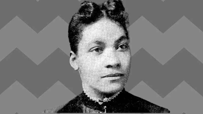 A grayscale portrait of Dr. Rebecca Lee Crumpler, framed in an ornate gold frame with a patterned background.