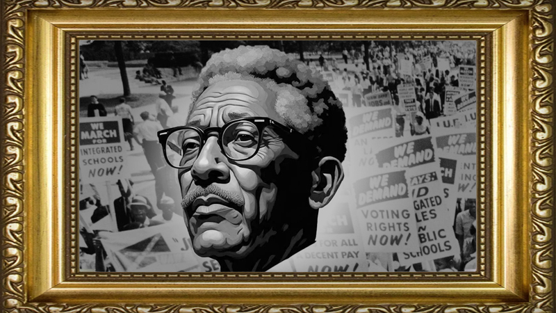 A stylized grayscale portrait of Bayard Rustin, an influential civil rights leader, framed in an ornate gold frame. The background features a black-and-white photograph of a civil rights march with protest signs advocating for integrated schools, voting rights, and fair pay.