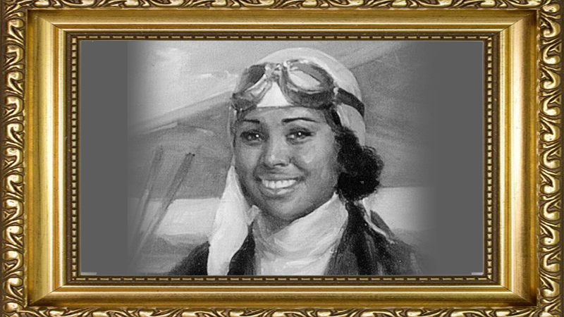 A grayscale portrait of Bessie Coleman, wearing a flying helmet and aviator goggles, framed in an ornate golden frame.
