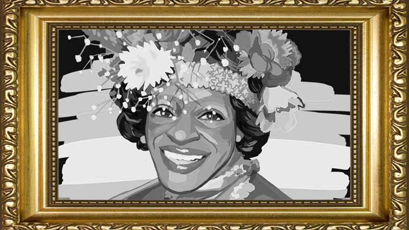 A black-and-white stylized portrait of Marsha P. Johnson smiling joyfully, wearing an elaborate floral hat, framed in an ornate gold frame.
