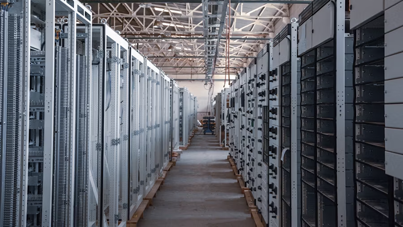 Interior view of a data center with rows of metal racks and a central aisle under industrial lighting.