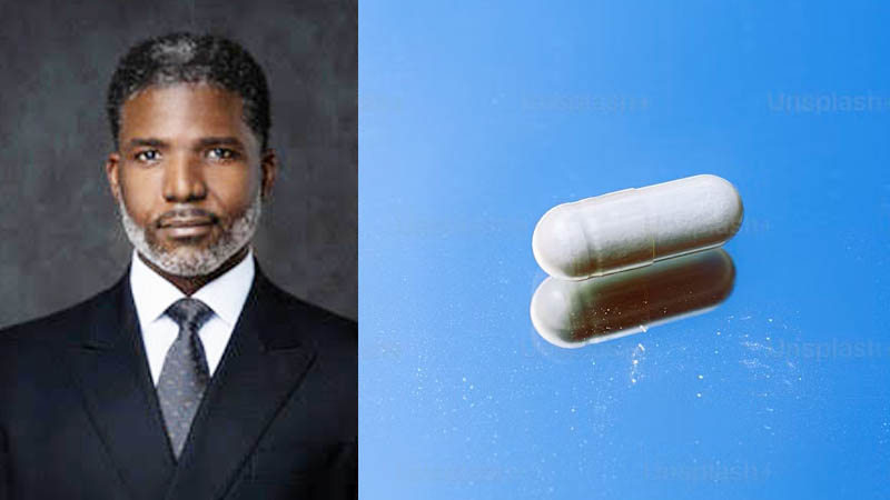 A professional portrait of Dr. Frederick Echols alongside a close-up of a single capsule-shaped pill on a reflective surface.