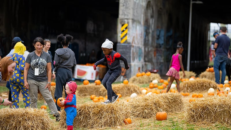 A vibrant fall festival scene with children in costumes, pumpkins, hay bales, and families enjoying activities under a bridge.