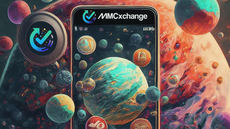 A smartphone displaying the MMCxchange app with a cosmic-themed interface, surrounded by vibrant planets and celestial objects.