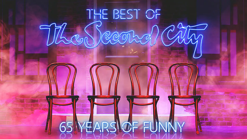 Promotional image for "The Best of The Second City" featuring neon signs, wooden chairs, and a foggy stage celebrating 65 years of comedy.
