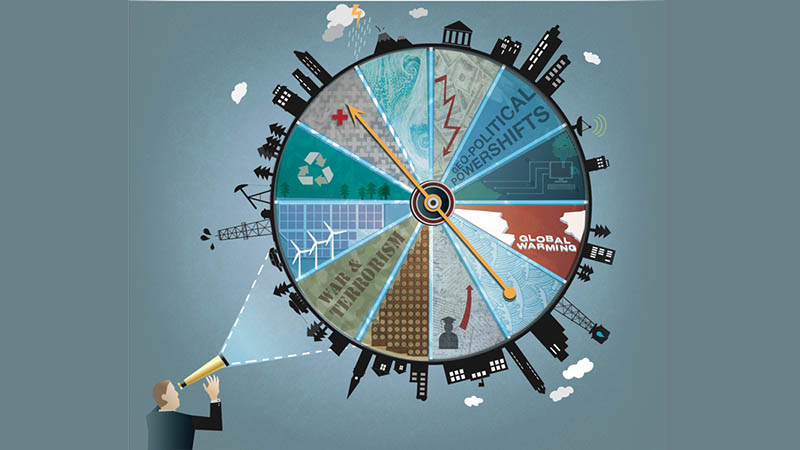 A conceptual illustration of global trends, featuring a clock-like world with segments for technology, demographics, environment, and economy.