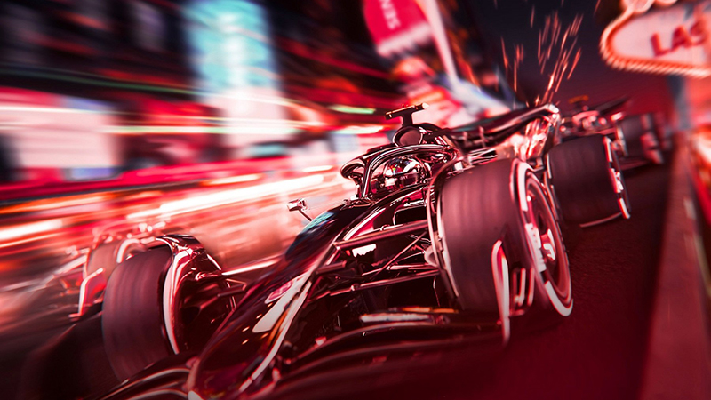 A Formula 1 car speeds through the streets of Las Vegas at night, with vibrant city lights and sparks flying, capturing the thrill of racing.