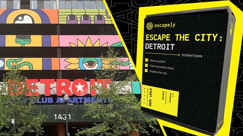 A vibrant Detroit building with colorful murals and bold 'DETROIT' signage, paired with a promotional box for 'Escape the City: Detroit' adventure game.
