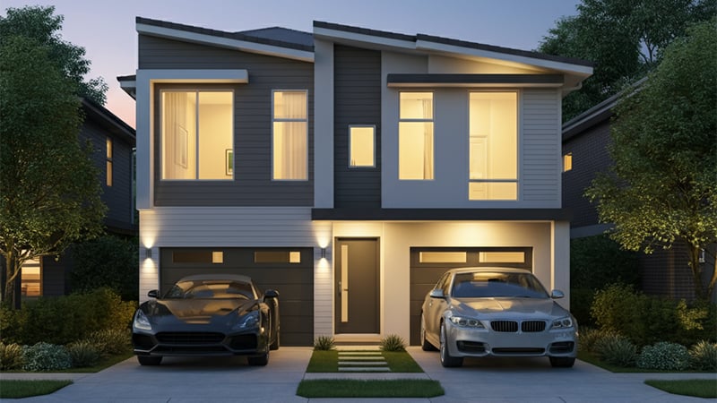 A modern two-story house with warm interior lights, surrounded by greenery, captured at dusk with a clear sky in the background.