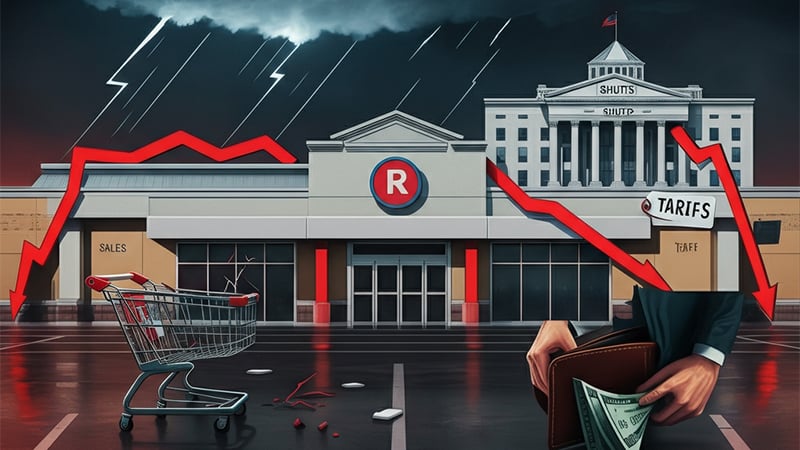Illustration of a Target store under stormy skies, symbolizing economic challenges like tariffs, inflation, and government shutdowns.