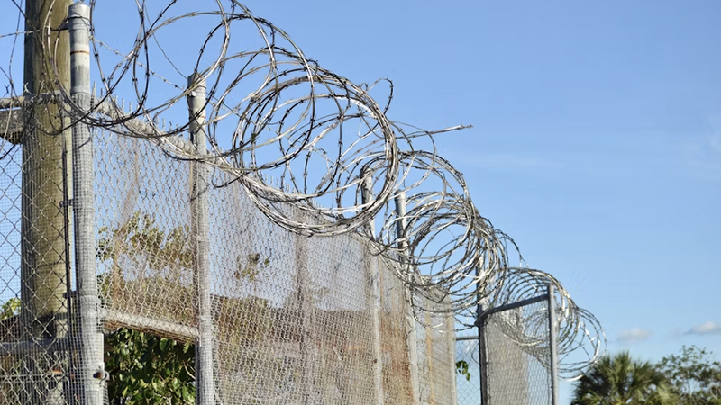 A chain-link fence topped with razor wire under a clear blue sky, symbolizing border security and enforcement.