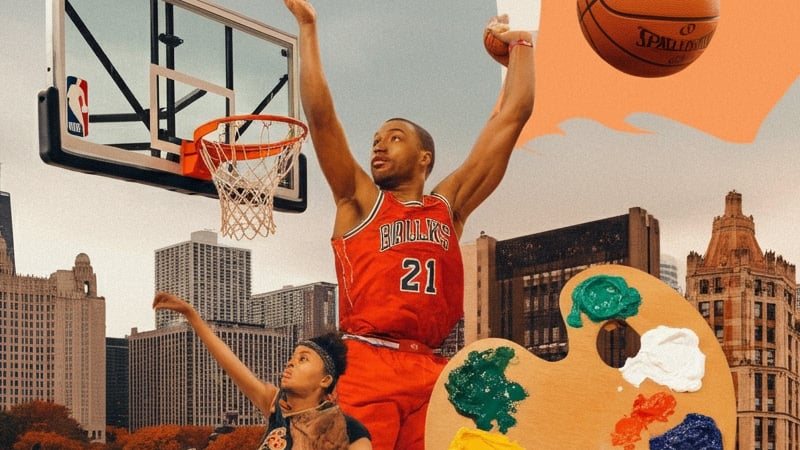 A vibrant collage of Chicago's November events, featuring basketball games, art exhibitions, and festive markets against the city skyline.