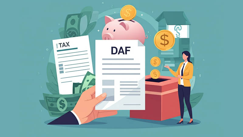 A financial planner holding a document labeled "DAF" with tax forms, a piggy bank, and a charity donation box in the background, symbolizing donor-advised funds.