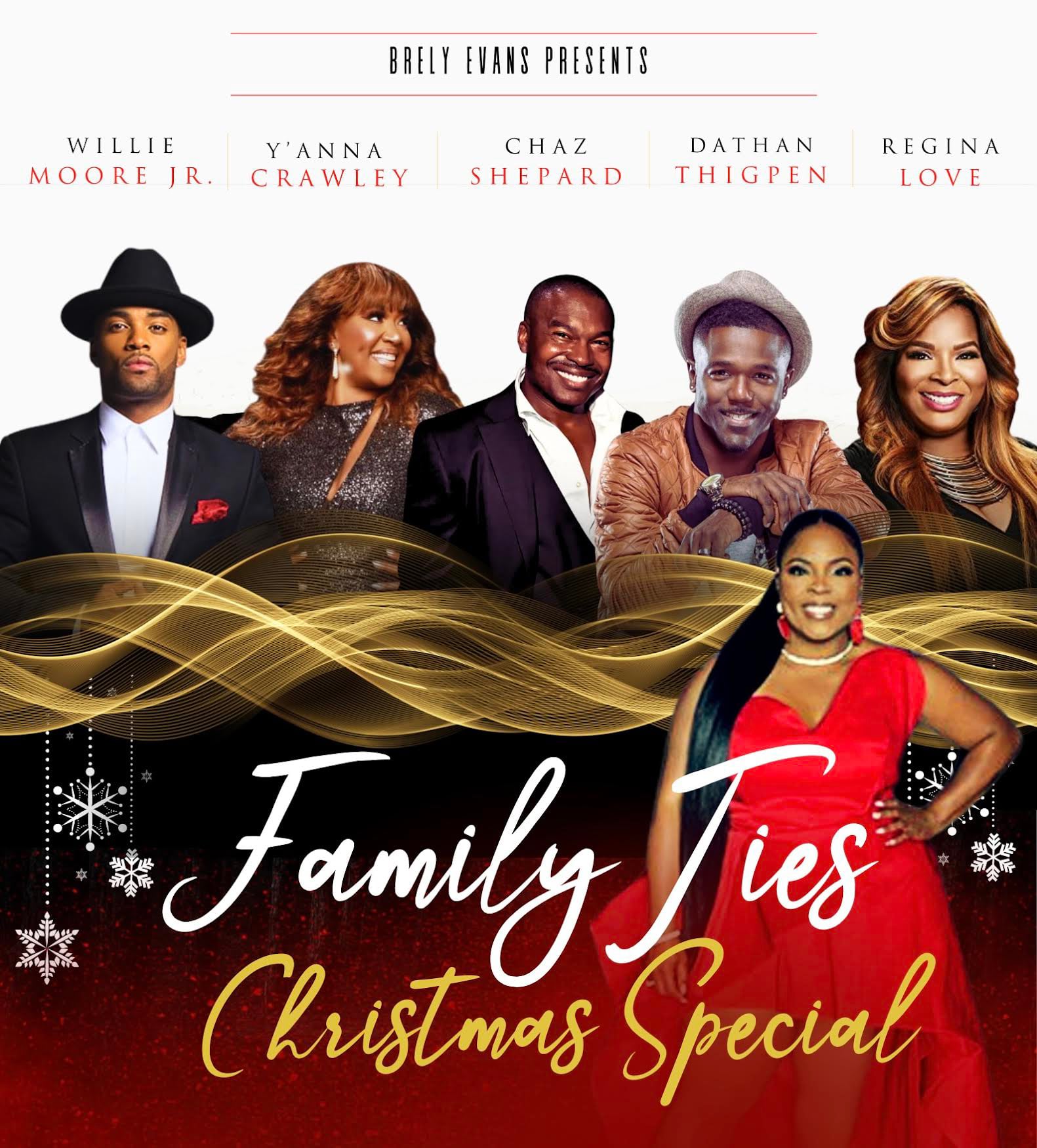 Brely Evans in a red dress promoting the Family Ties Christmas Special, featuring stars from The Voice and Sunday’s Best.