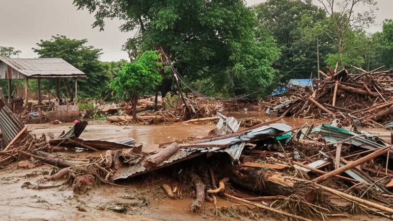 Image showing the aftermath of a natural disaster, with debris and muddy water, symbolizing global crises and humanitarian challenges.