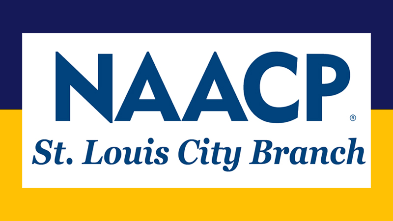 NAACP St. Louis City Branch logo featuring bold blue text on a white background with a two-toned blue and yellow backdrop.