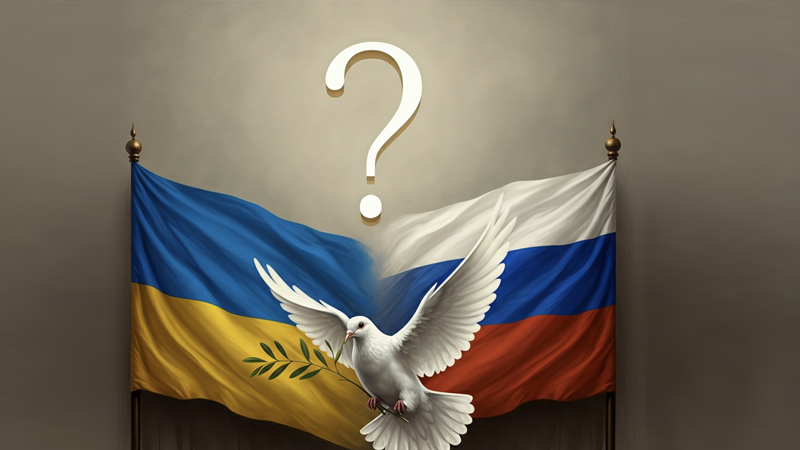 Ukraine and Russian flags side by side with a white dove carrying an olive branch, symbolizing peace and uncertainty.