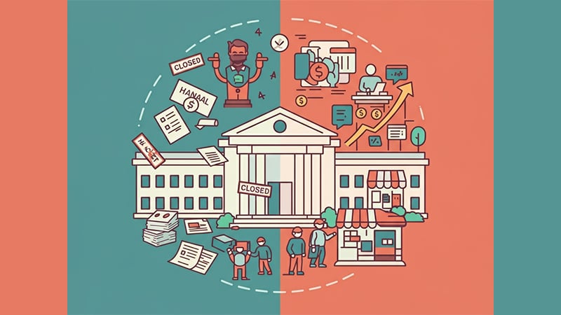 Illustration showing the contrasting impacts of a government shutdown and reopening, with closed signs, financial instability, and economic recovery.