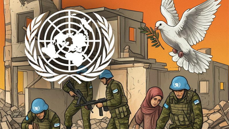 UN peacekeepers assisting civilians amidst Gaza's rubble, symbolizing reconstruction and hope, with a dove of peace flying overhead.