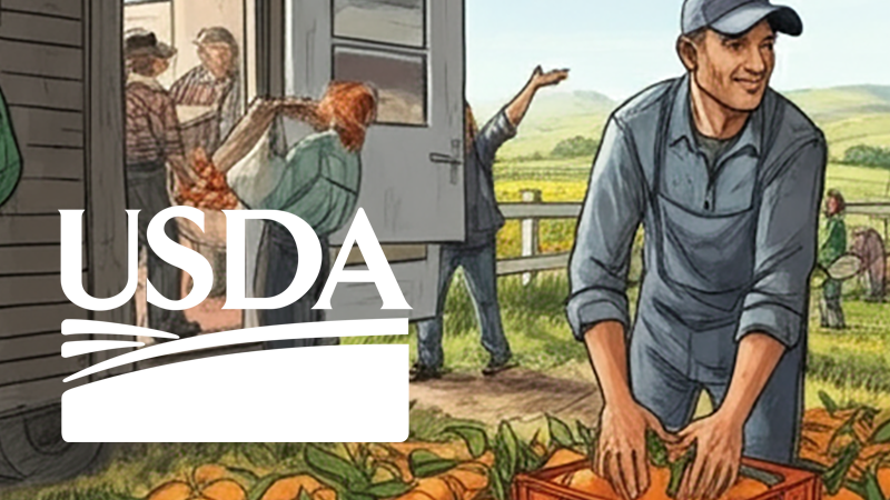 A vibrant scene of farmers and volunteers distributing fresh oranges, grapefruits, and mandarins to food banks, symbolizing USDA's $30M food purchase initiative.