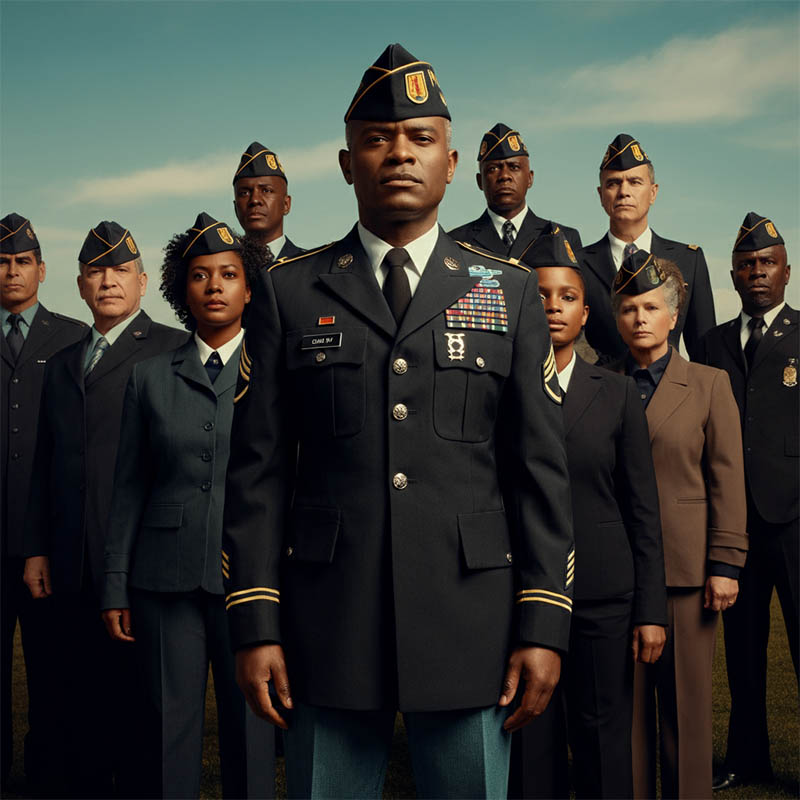 A diverse group of veterans in formal uniforms standing under a clear sky, symbolizing unity, resilience, and service.