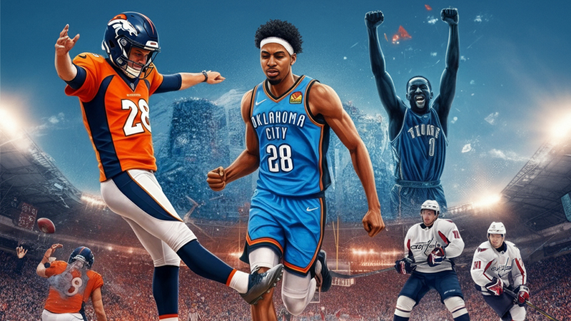 Illustration of NFL, NBA, and NHL players showcasing key moments like Broncos' clutch kick, Thunder's momentum, and Capitals' dominance.