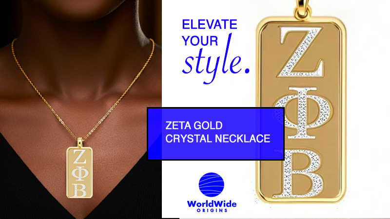 A close-up of the Zeta Gold Crystal Necklace featuring sparkling crystals and gold plating, symbolizing Zeta Phi Beta sisterhood and pride.