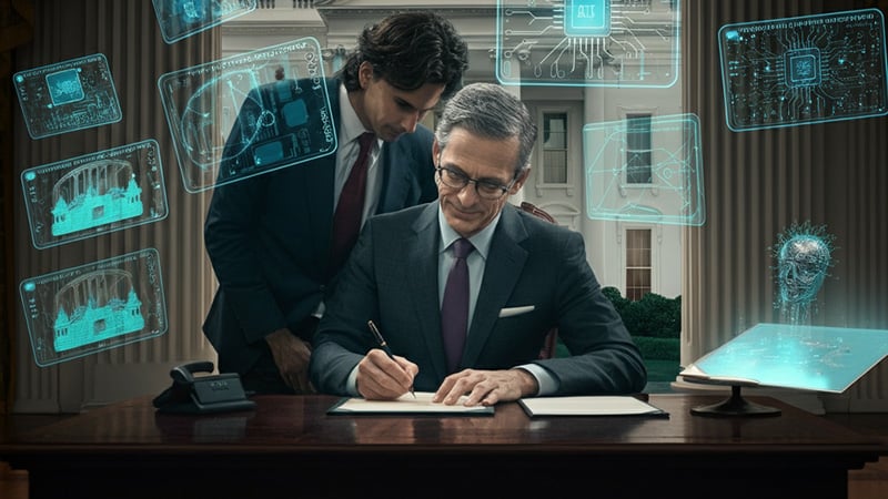 Official signing an AI regulation order with futuristic holographic displays in the White House.
