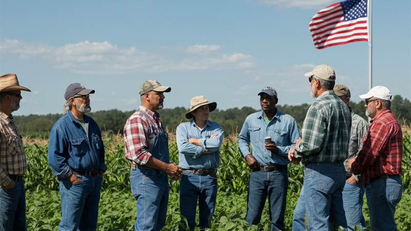 A group of American farmers discussing the $12 billion Farmer Bridge Payments initiative in a field with crops and a waving U.S. flag.