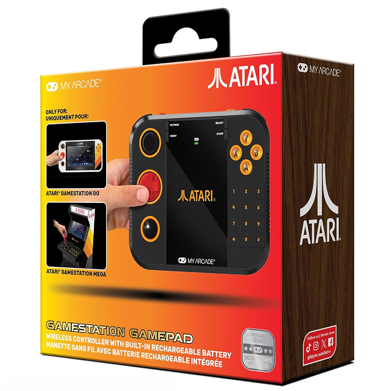 Atari Gamestation Gamepad packaging featuring a wireless controller with SmartGlow technology and compatibility with Atari Gamestation devices.
