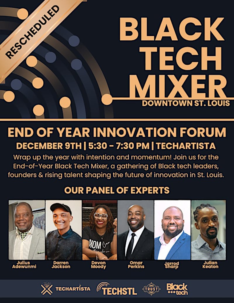 STL Black Tech Mixer promotional poster featuring event details and panelists for the December 9, 2025, End-of-Year Innovation Forum.