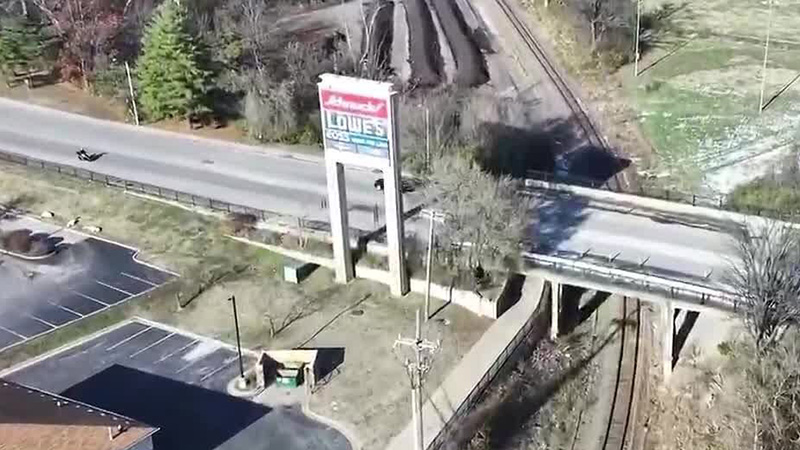 Aerial view of the Loughborough Bridge in St. Louis, showing roads, railroad tracks, and surrounding infrastructure.