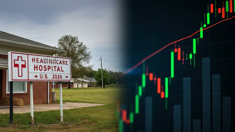 A split graphic showing a rural hospital sign and a stock market chart, symbolizing U.S. healthcare and economic challenges in 2026.