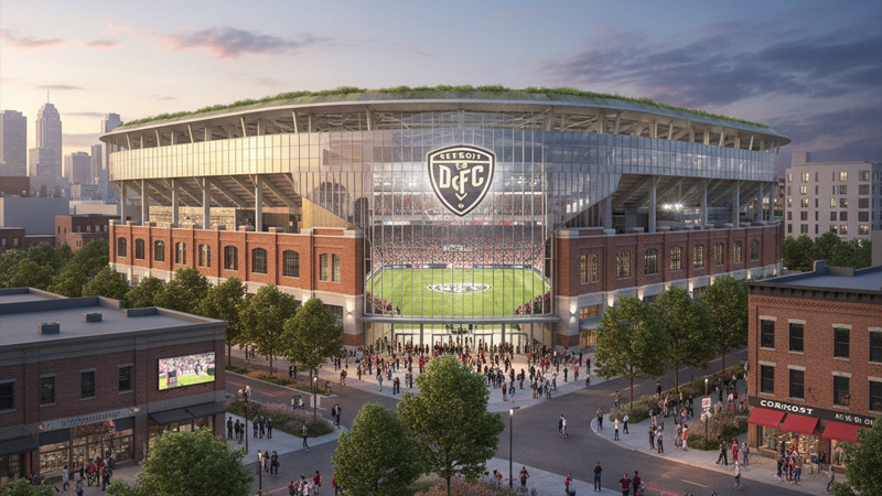 Rendering of Detroit City FC's new $200M stadium in Corktown, showcasing modern design and community integration.