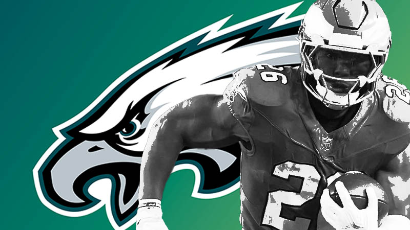 Grayscale image of a Philadelphia Eagles football player wearing jersey number 26, running with a football against a vibrant green background featuring the Eagles logo.