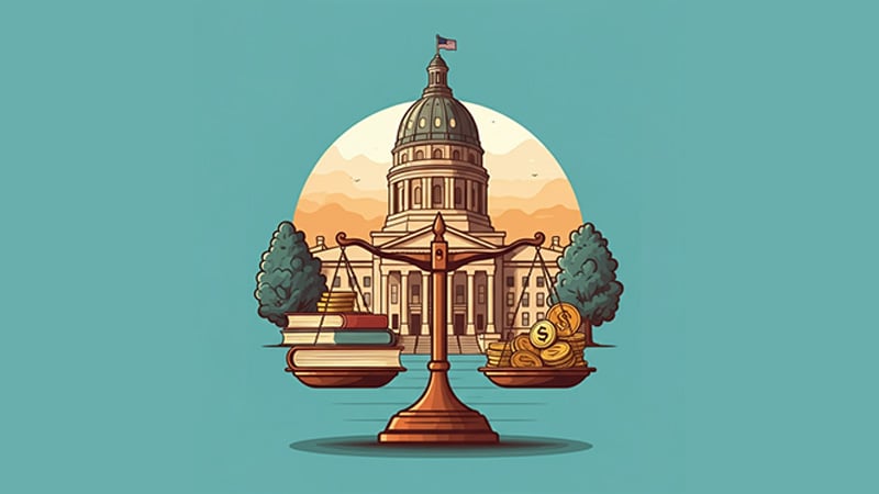 Missouri State Capitol with a scale balancing books and money, symbolizing education funding challenges.