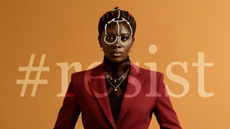 A dark-skinned individual wearing a dark red blazer and black turtleneck, adorned with intricate white and yellow beaded facial and hair embellishments, standing against a warm orange-brown background.