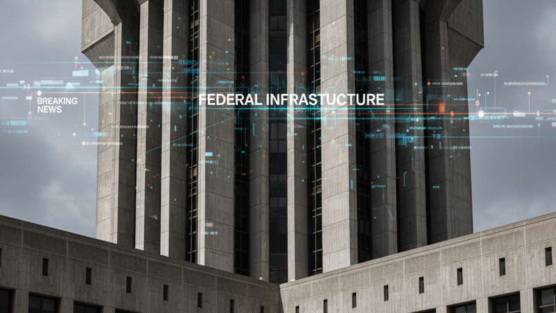 Brutalist-style J. Edgar Hoover Building with digital overlay highlighting federal infrastructure and urban transformation.
