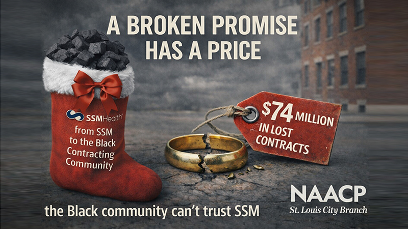 Red Christmas stocking filled with coal, symbolizing SSM Health’s $74M minority participation gap, against a cobblestone street background.