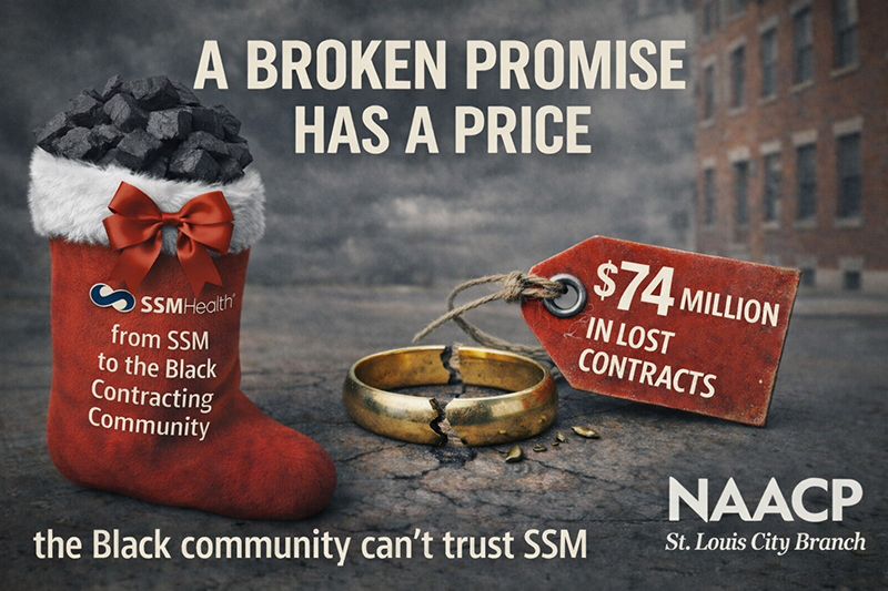 Red Christmas stocking filled with coal, symbolizing SSM Health’s $74M minority participation gap, against a cobblestone street background.
