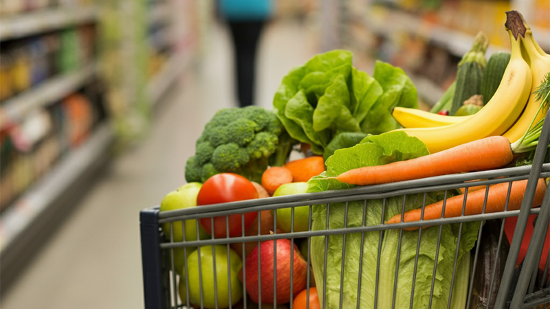 Fresh vegetables in a grocery cart symbolizing SNAP program benefits and healthy food choices.