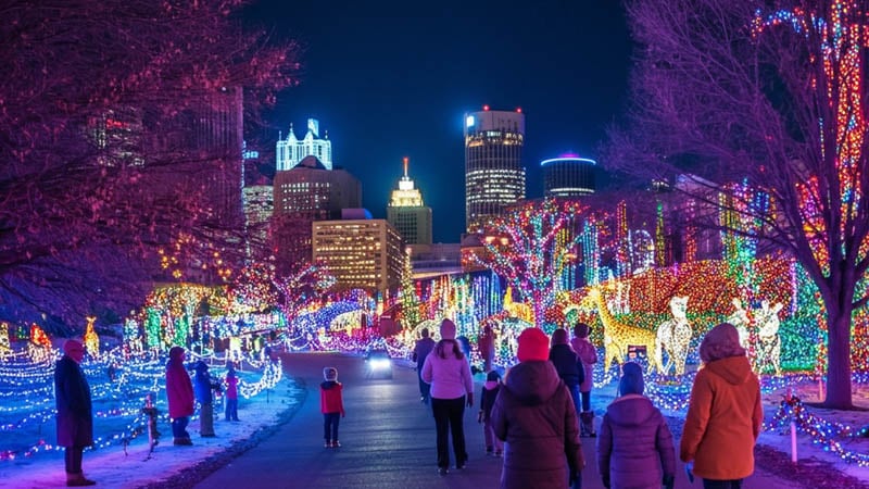 A vibrant holiday light display at the Detroit Zoo's Wild Lights, featuring illuminated animal sculptures and festive decorations.