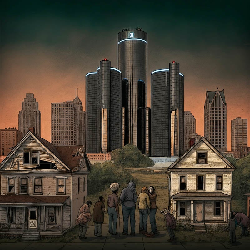 Detroit's affordable housing crisis showing abandoned homes and modern high-rises, highlighting economic disparities and community challenges.