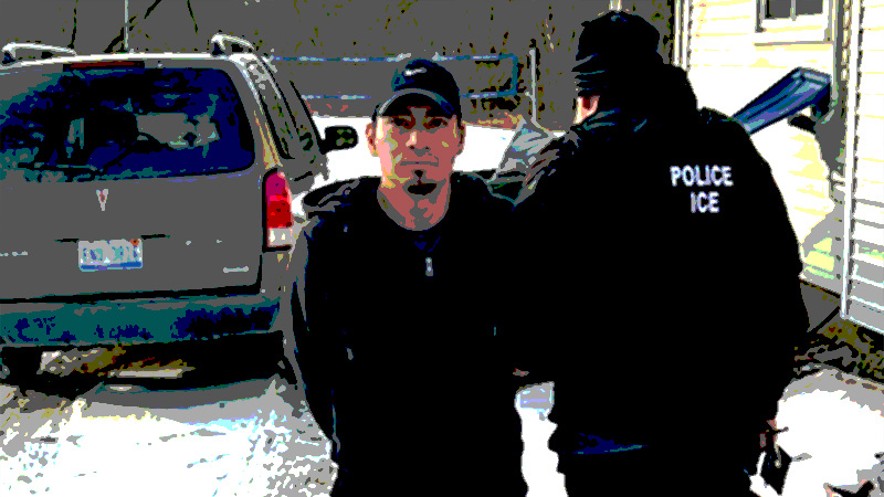 Two men outdoors, one wearing a jacket labeled 'POLICE ICE,' with a vehicle and a building in the background, depicting an ICE enforcement scene.