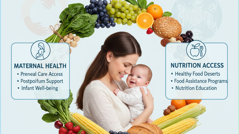 A mother holding her baby, surrounded by fresh produce, symbolizing maternal health and nutrition access.