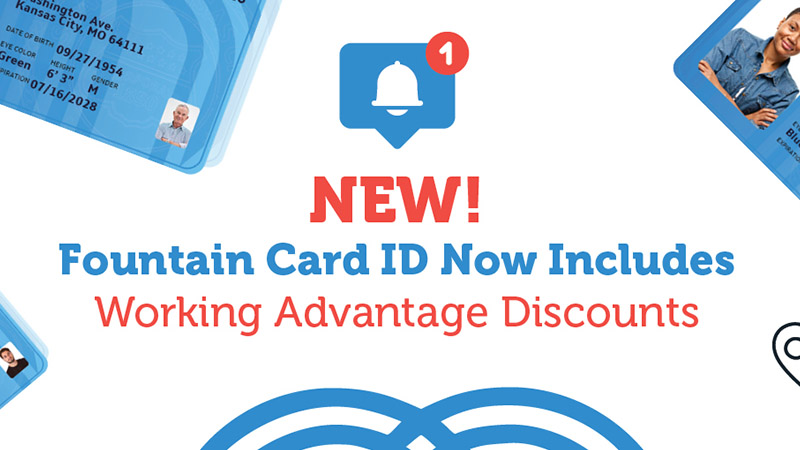 Kansas City Fountain Card ID offering free access to city services, transit, and discounts through Working Advantage.