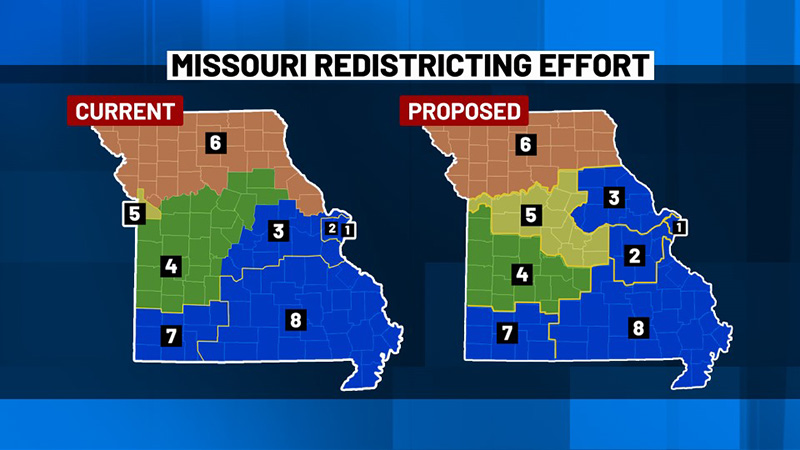 Missouri redistricting map comparison showing current and proposed congressional districts.