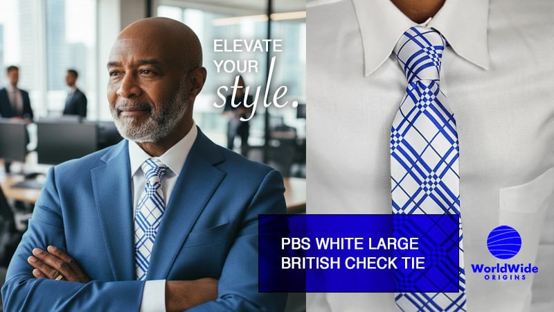 Distinguished Phi Beta Sigma man wearing the PBS White Large British Check Tie in a professional office setting, showcasing style and heritage.